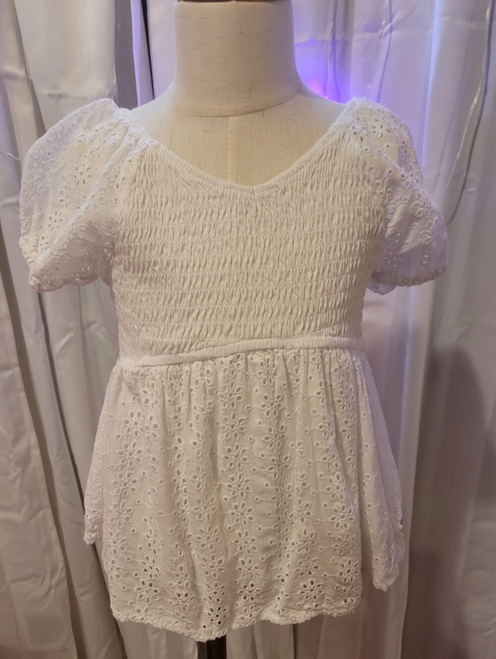 Justice White Eyelet Smocked Peasant Top